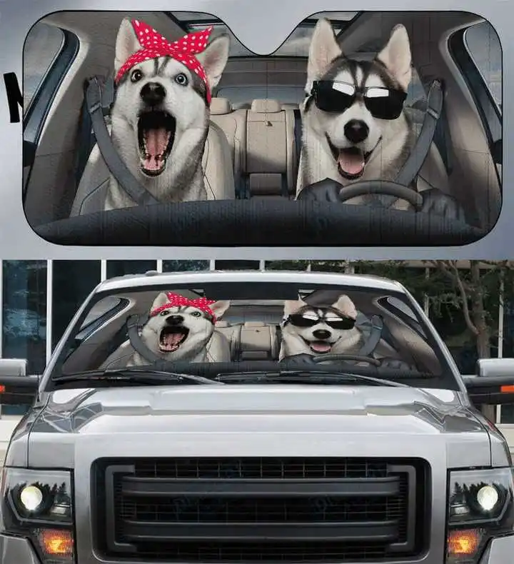 

Пара хаски, автомобильный солнцезащитный козырек с собакой хаски