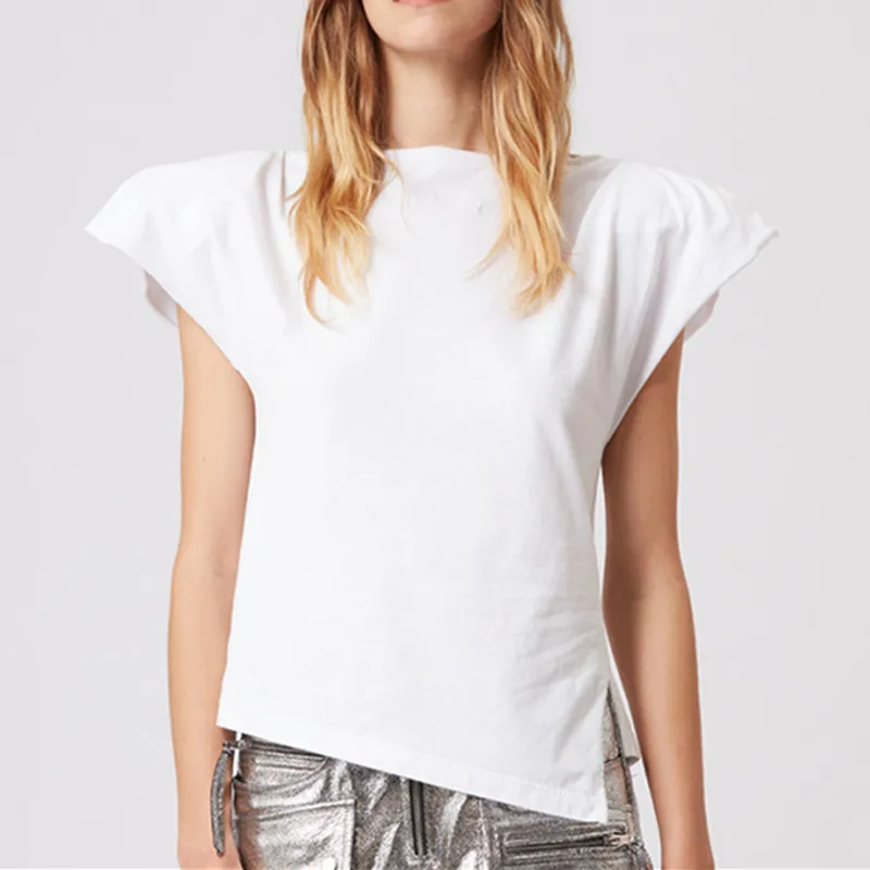

Asymmetric Slim Tshirt Women Casual Fashion Shoulder Pad Simple Cotton Top White or Black Round Neck Tees 2023 Summer New