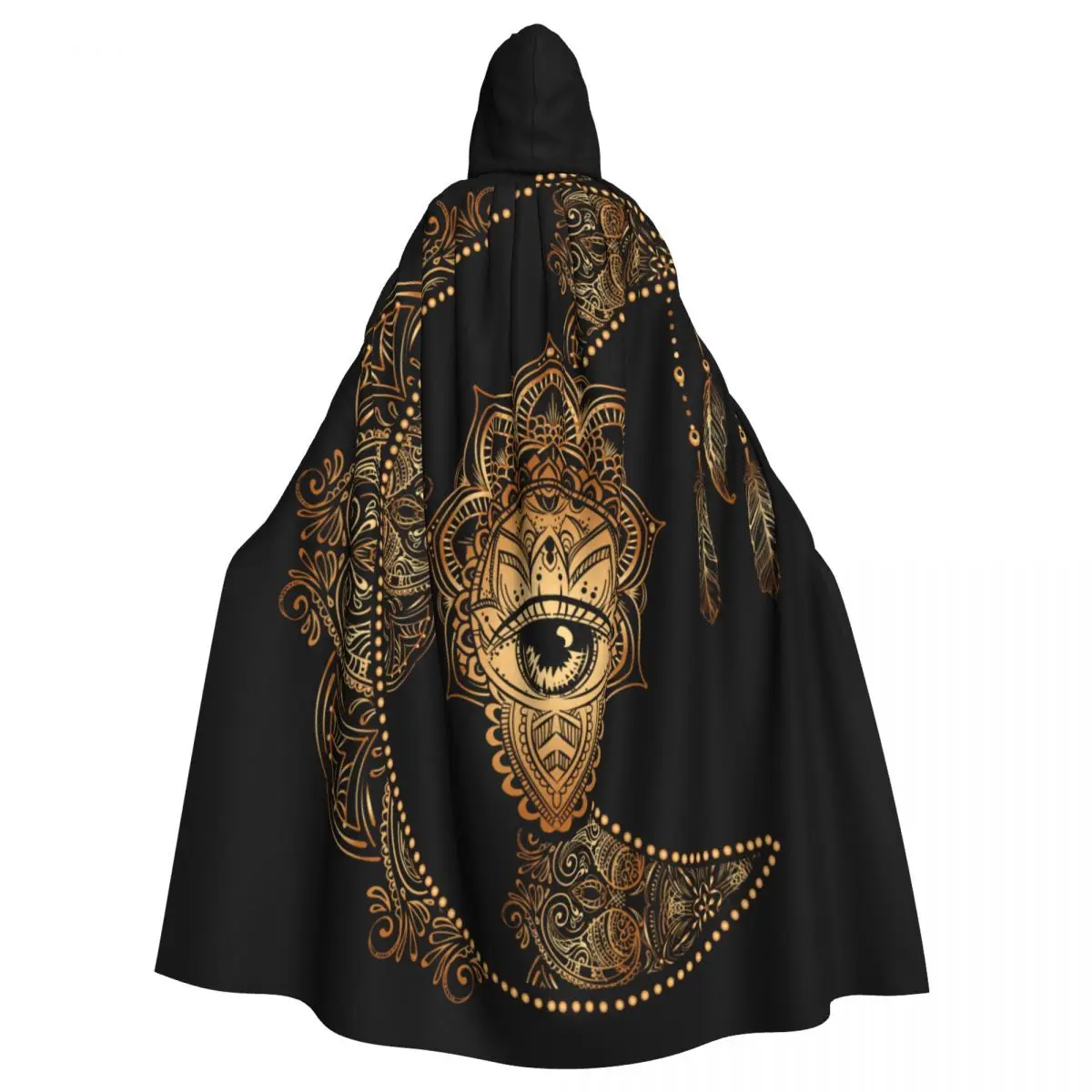 

Boho Chic Golden Moon And Sun Mandala Astrology Alchemy Hooded Cloak Polyester Unisex Witch Cape Costume Accessory