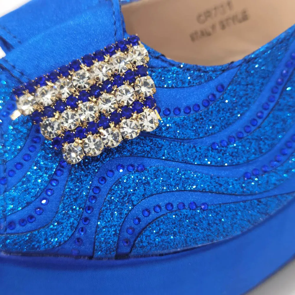 Venus Chan Fashion and Comfortable Retro Blue Rhinestone Paisley Pattern Ladies Middle Heel Sandals African Shoes Bag Set