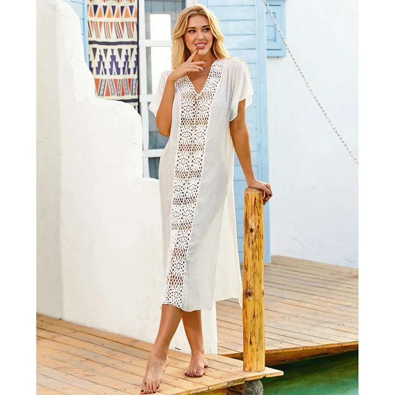 Женское вязаное крючком платье с V-образным вырезом и длинной юбкой сексуальное