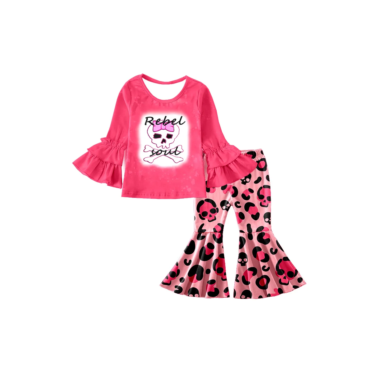 

Оптовая продажа, Осенняя детская одежда, верх с рукавами с оборками, Розовый Череп, леопардовые штаны с колокольчиком, наряды