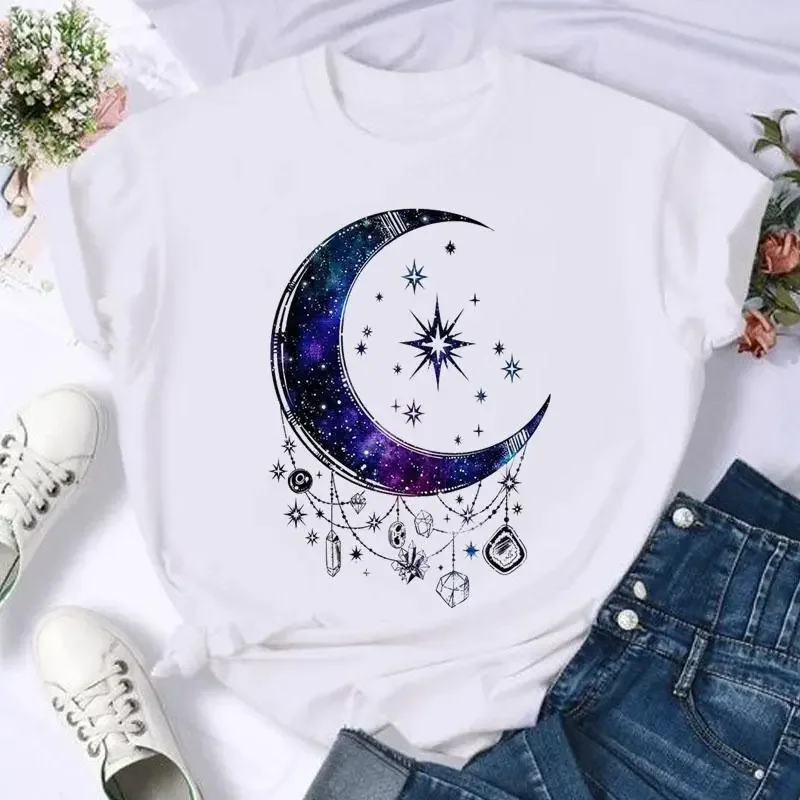 

2023NEW Sleeve Moon Vintage Lovely Style Fashion Summer Women Print T Shirt Female Casual Top Tshirts Cartoon Graphic Tee T-Shir