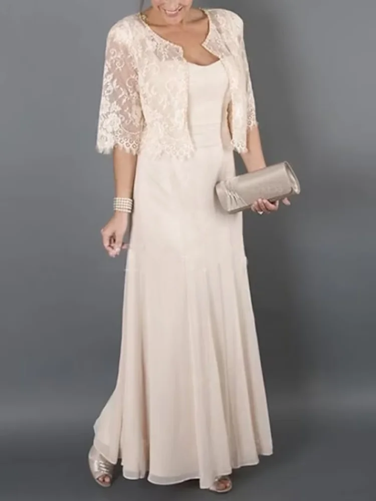 

A-Line Mother of the Bride Dress Wedding Guest Party V Neck Floor Length Chiffon Lace Half Sleeve with Solid Color