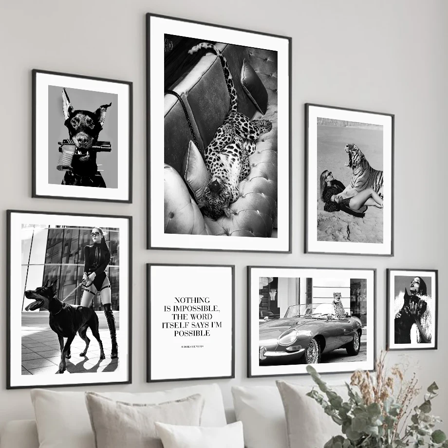 Черный Доберман Тигр Леопард Модная девушка настенная Картина на холсте