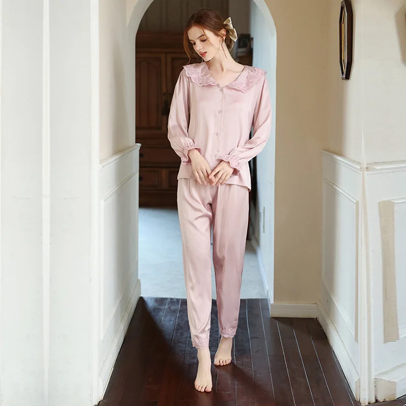 

Women's Nightgown Summer Pijama Doll Collar Ice Silk Long Sleeve Pajama Sets Lace Princess Style Sleepwear Women Pajamas Sexy