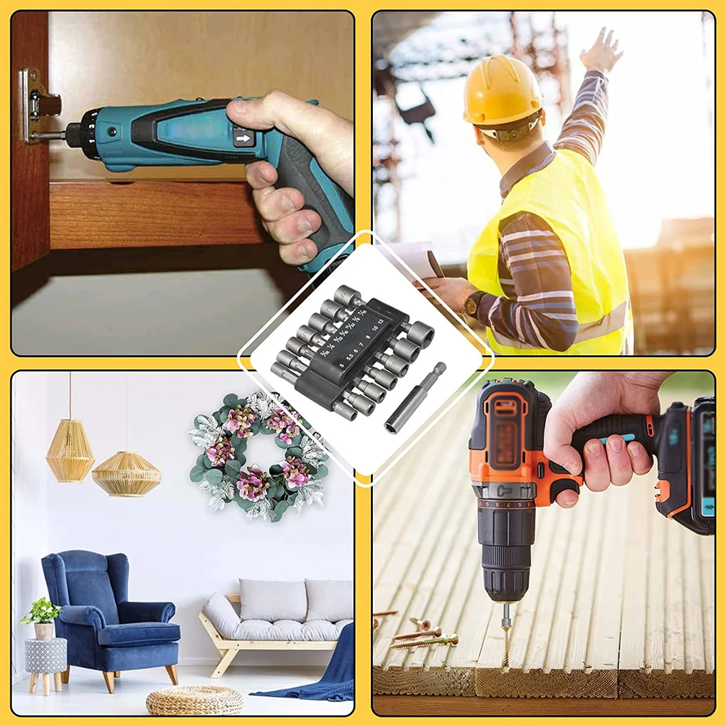 

14 Pieces/Set Electric Screwdriver Sockets Sleeves Steel 5 to 12mm Nut Drivers Drill Bits Kit Home DIY Woodworking Air