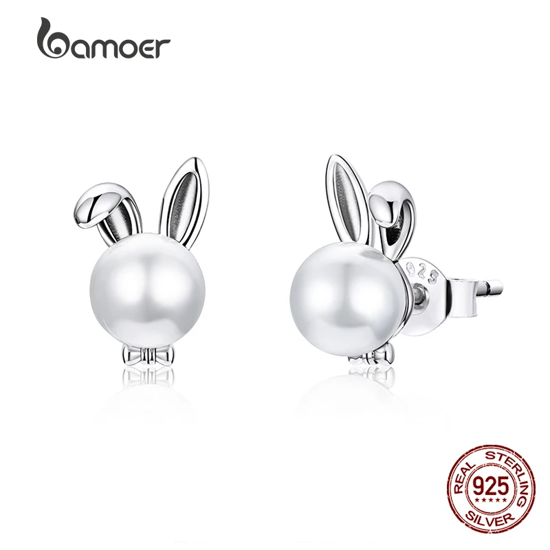 

BAMOER 925 Sterling Silver Cute bunny Earrings for Women Wedding Engagement Ear shell pearl Hypoallergenic Brincos BSE463