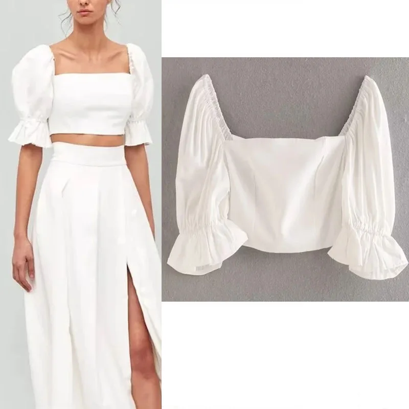 

TRAF Puff Sleeve Cropped Top For Woman 2023 Summer White Sexy Square Neckline Short Puff Sleeves With Ruffles Design Party Top