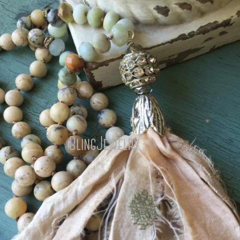 

NM15497 Neutral Sari Silk Tassel on Knoting Amazonite Rondelle Jasper Beads Necklace for Women