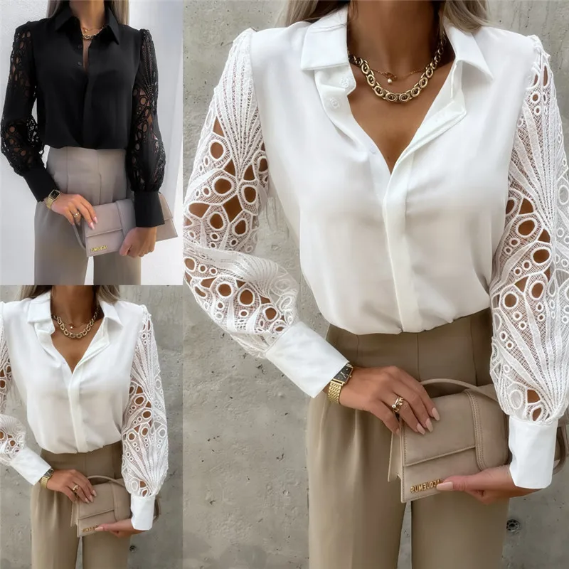 

Women's Solid Color Lace Patchwork Shirt Women's Long Sleeve Cozy Ladies Top
