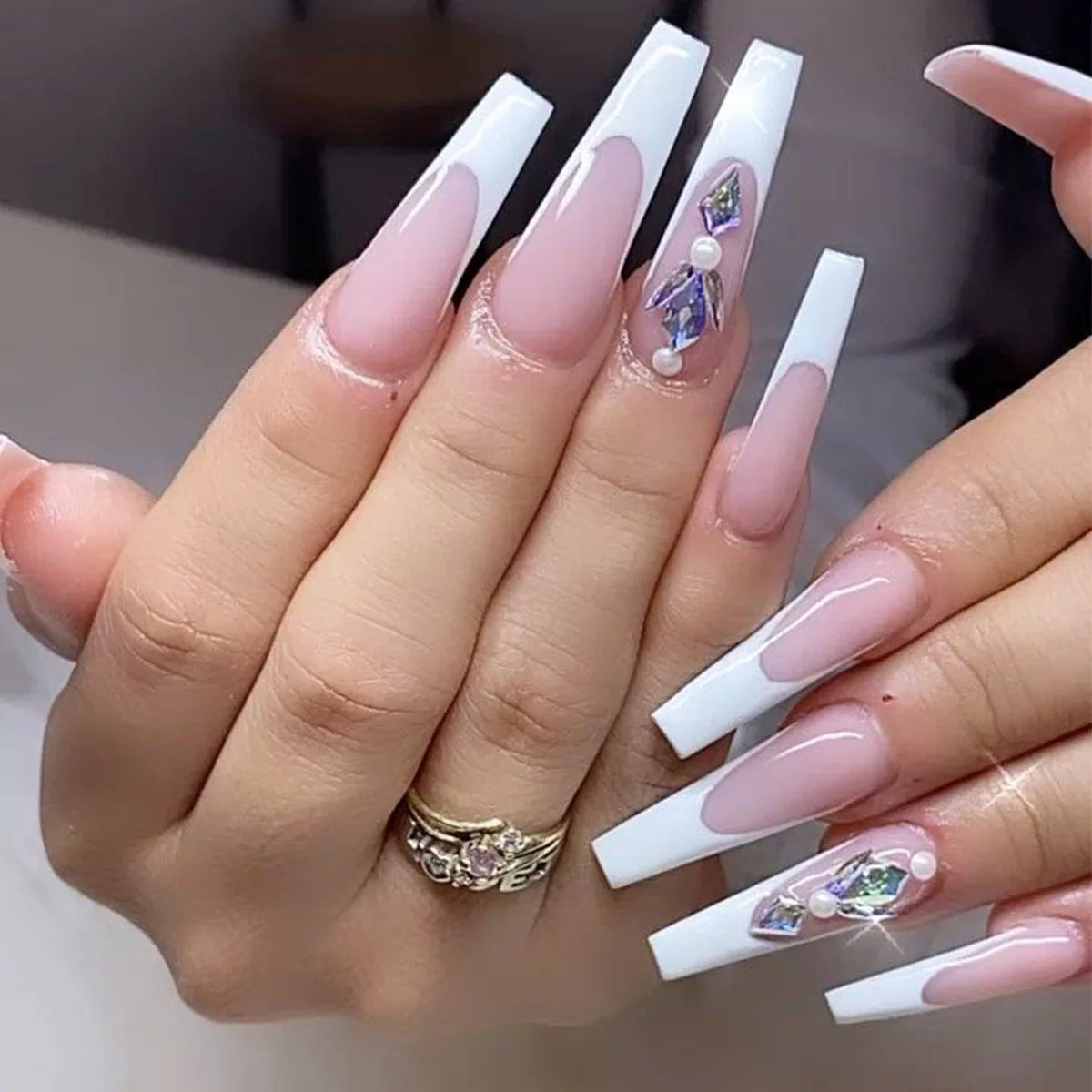 

Long Coffin Fake Nails Set Press On with White French Fancy Colored Diamonds Design Full Cover Nail Tip Ballerina Faux Ongles