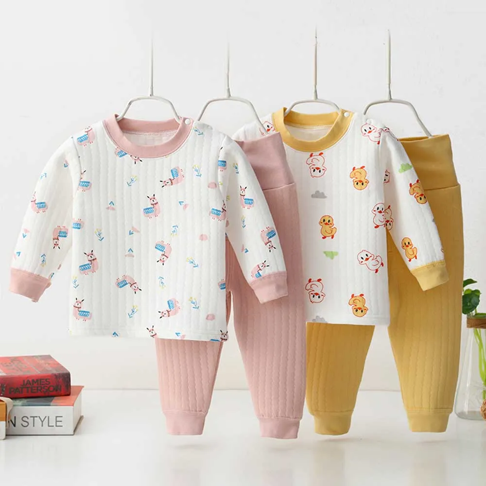 

Пижамный комплект для маленьких девочек и мальчиков, Детский комплект нижнего белья с мультяшным принтом, утепленная теплая одежда для сна ...