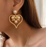 s925 silver needle earrings heart shaped pearl earrings exaggerated baroque retro palace hollow out high sense earrings