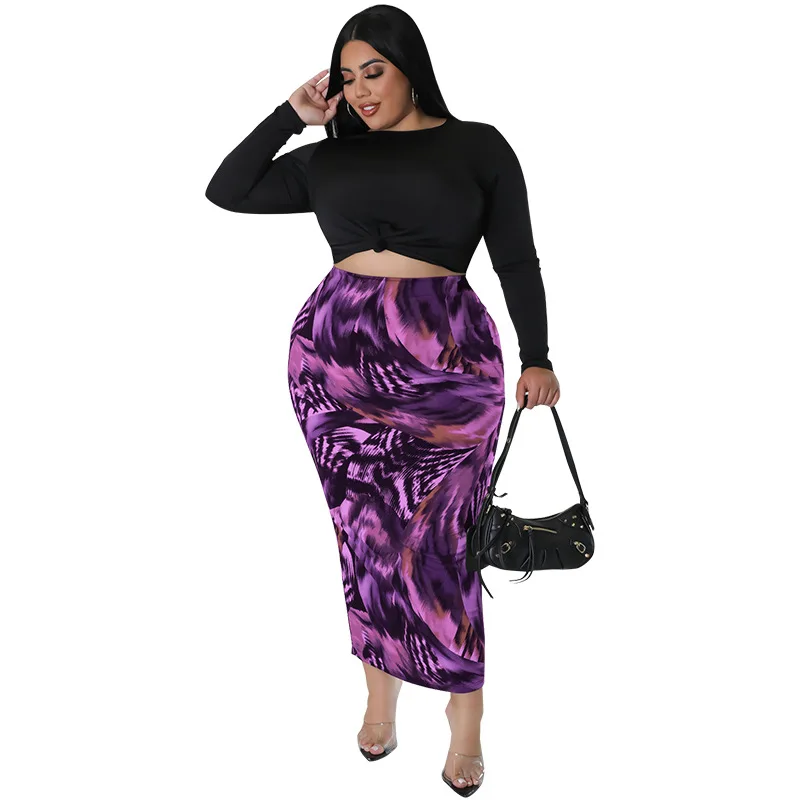 Plus Size Fashion Two Piece Set Dress Long Sleeve Tie Knot Tees Print Skinny Long Skirt Streetwear Outfits Elegant Office Lady