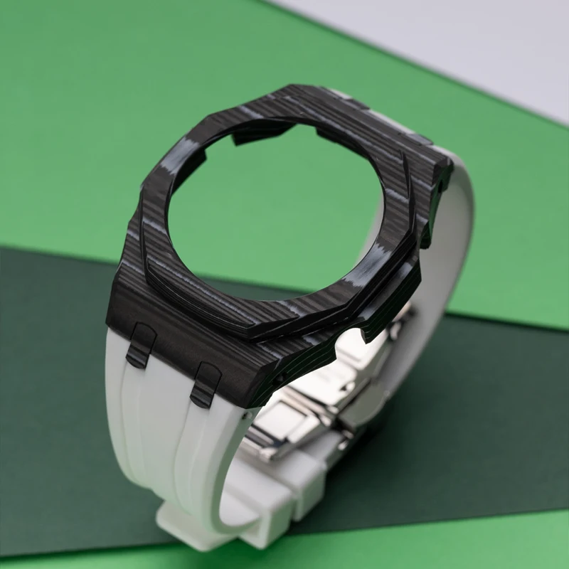 For Casioak GA2100 Carbon Fiber Mod Kit Metal Luxury Wristband Modified Watch Strap Case+Rubber Strap GA2110 GAB2100