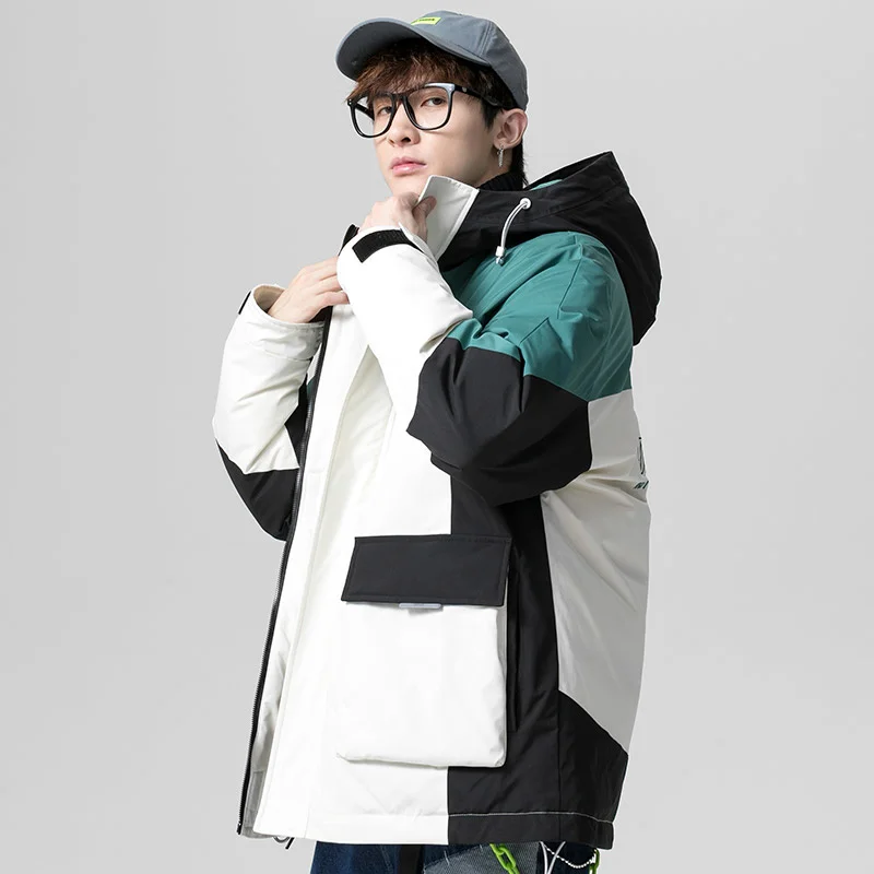 Модные зимние мужские свободные куртки с капюшоном на белом утином пуху теплое