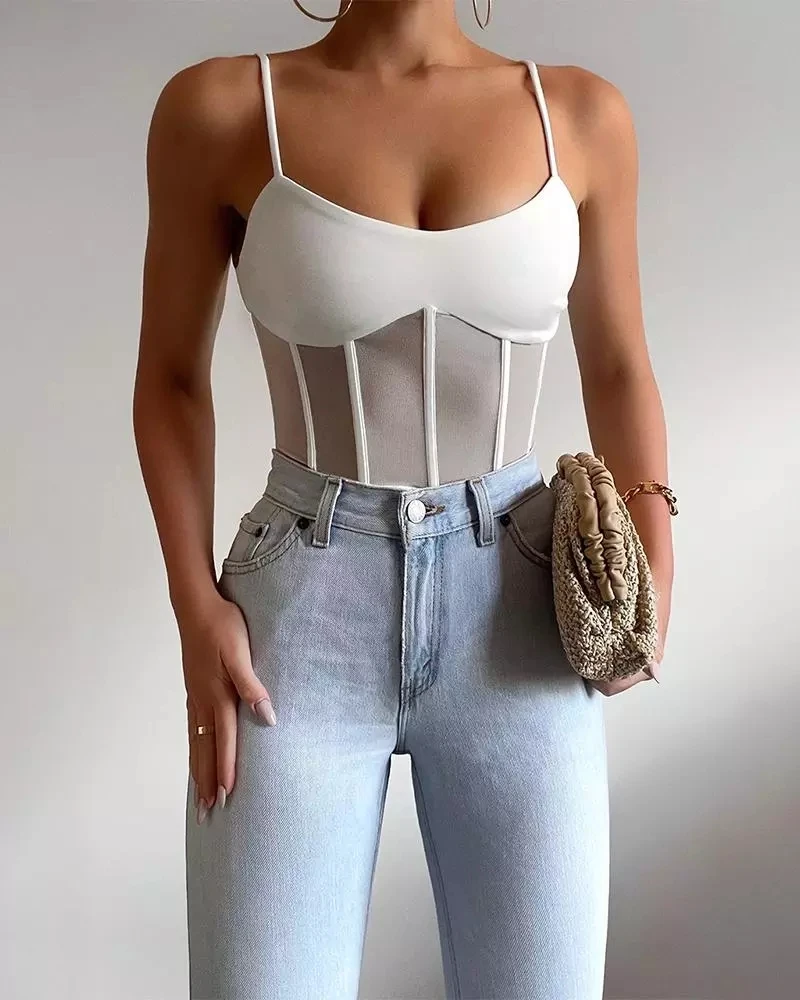 

Sheer Mesh Patch Corset V Neck Top