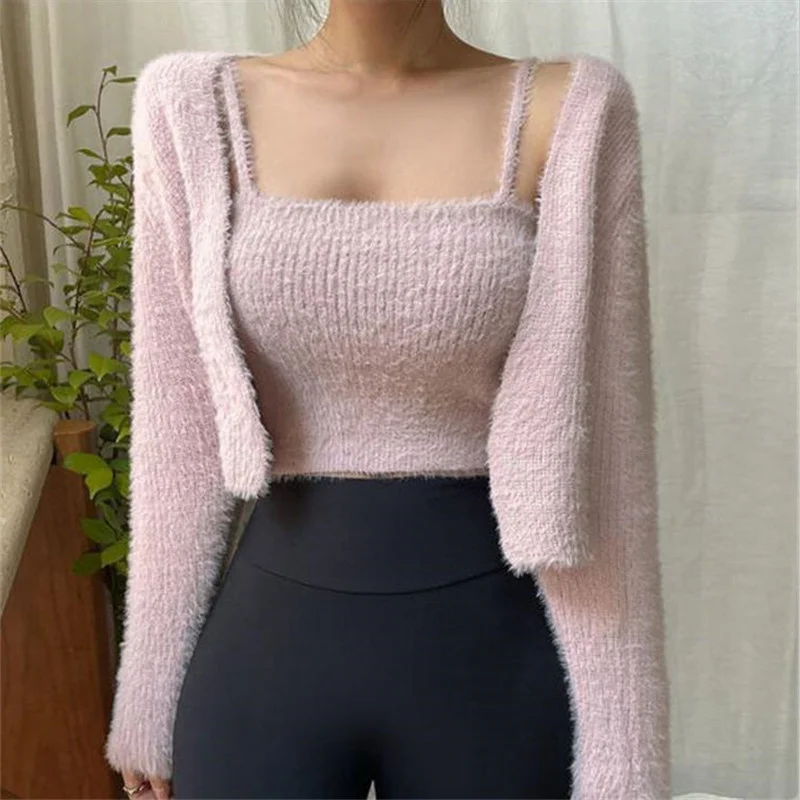 

2023 Women Korea Spring Long Sleeve Cropped Knitted Sweater and Vest Set Sueters De Mujer Vetement Femme 2022
