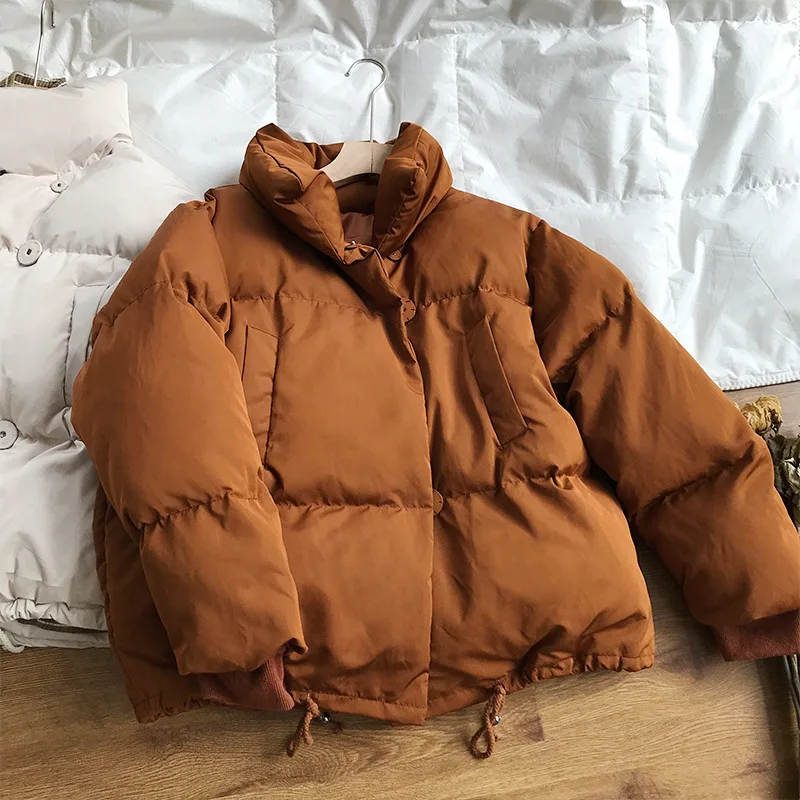 2022 Thick Warm Winter Puffer Jacket Women Stand Collar Button Down Oversized Coat Female Solid Color Long Sleeve Overcoat