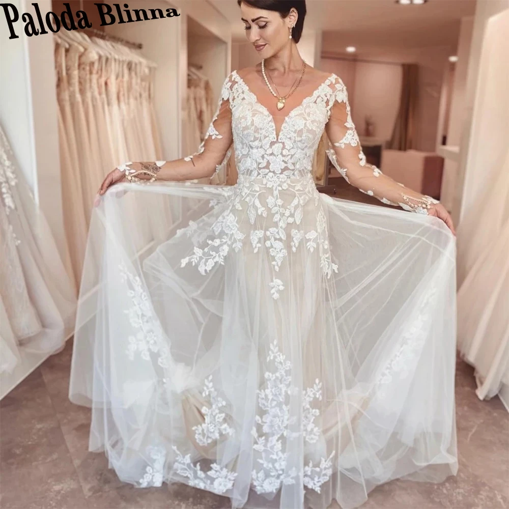 

Платье Свадебное ТРАПЕЦИЕВИДНОЕ с открытыми плечами, длинными рукавами и V-образным вырезом