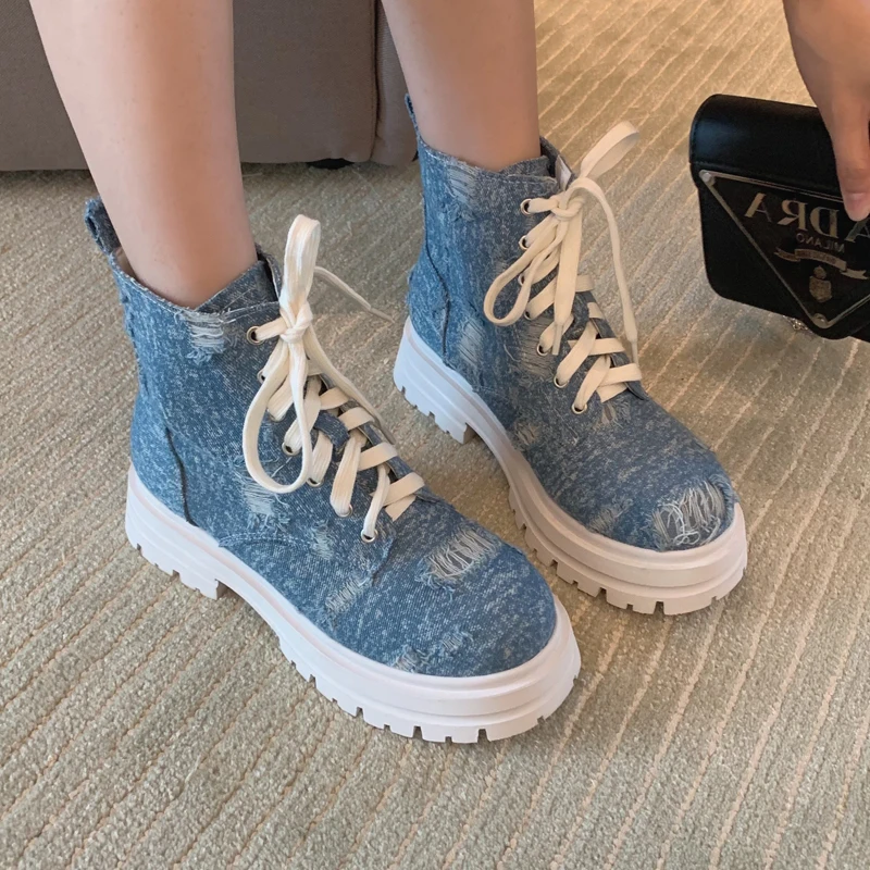 

Ankle Boots For Women Platform Punk New Rock Shoes Denim Blue Lace UP High Heels Boots Fall Designer Shoes Bottines Femme
