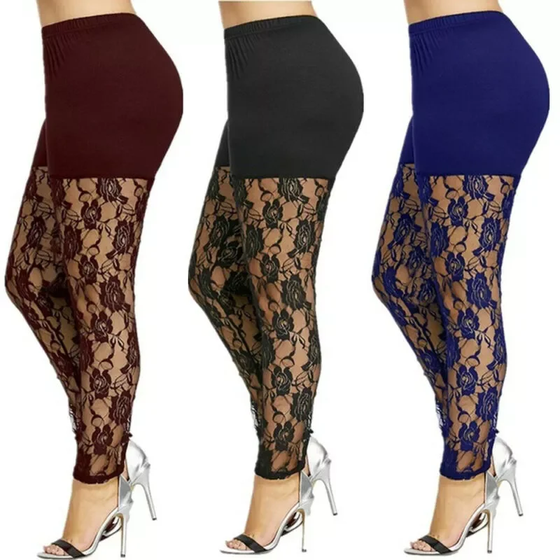 New Women Casual Skinny Pants Leggings Fashion Patchwork Print Mesh Elastic Waist Full Pencil Leggings Plus Size US