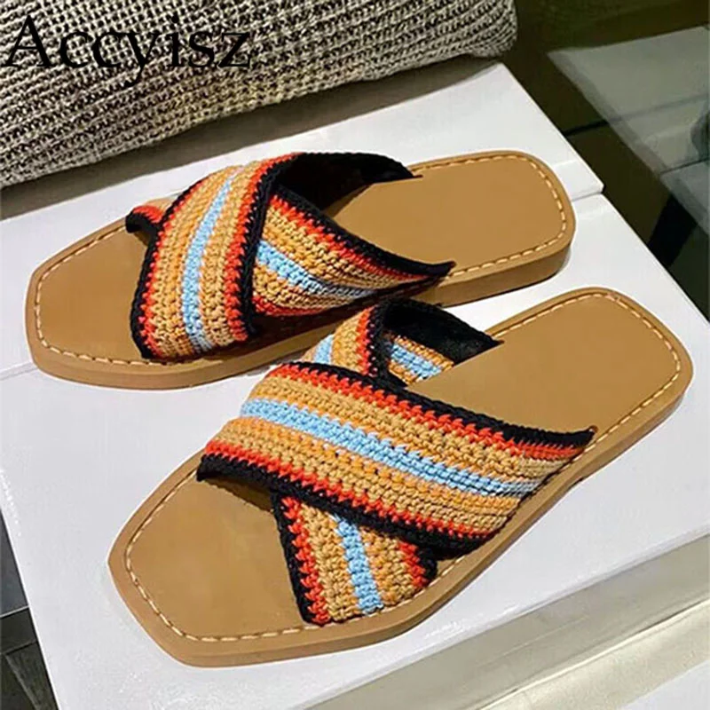 

Тапочки женские с квадратным носком, Модные Цветные тканые удобные шлепанцы с открытым носком, с плоской подошвой, ручная работа, лето 2023