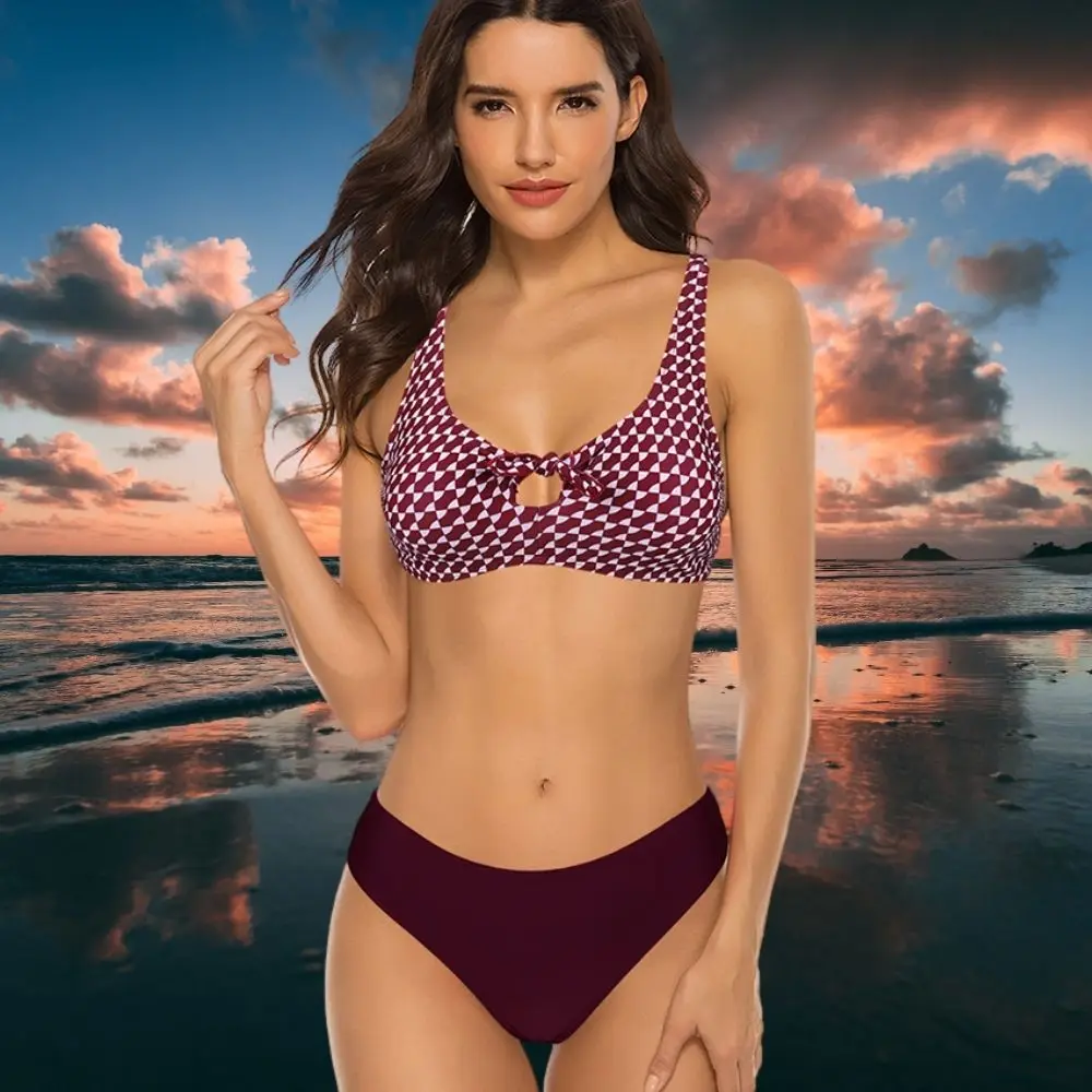 Ladies Deep Purple Red Checkerboard Bra Front Bow Tie Sexy Checkered Bikini Classic Pure Pants Low Waist Lift up Swimwear Suit