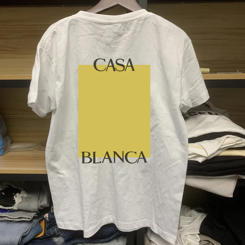 

Yellow Square Letter Print CASABLANCA T-shirts Round Neck Cotton Short Sleeve Tops Casa T Shirt for Men Women