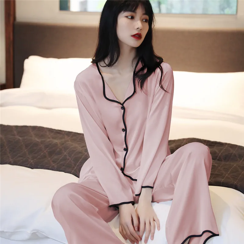 Achestina Ice Thin women's Pajamas Imitation Silk Fabric Cardigan Lapel Two Pieces Korean Version For Women At Home