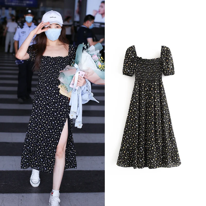 

Female star sister Zhang Hanyun, the same style of square-neck floral dress, female French literary and artistic split skirt,