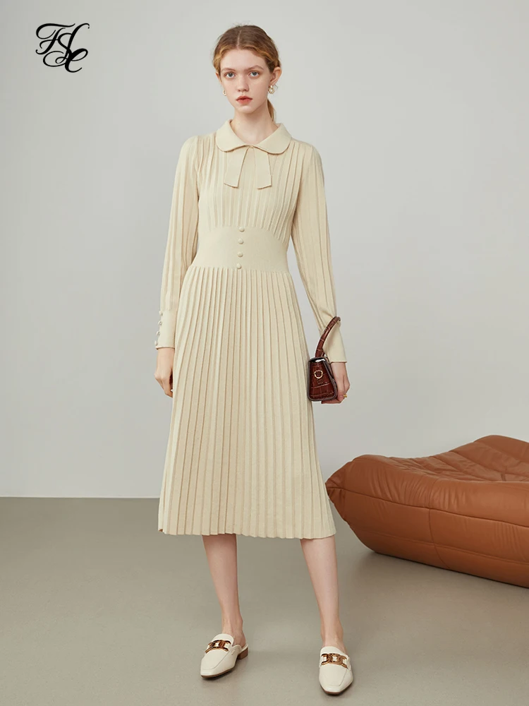 Женское офисное вязаное платье fansilзаный с бантом шерстяное кукольным воротником