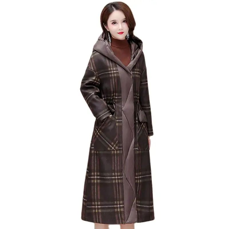 

Long Loose Plaid Down Cotton-padded Jacket Women's Winter 2022 New Mother Fashion Warm Hooded Cotton-padded Jacket Coat Women5XL