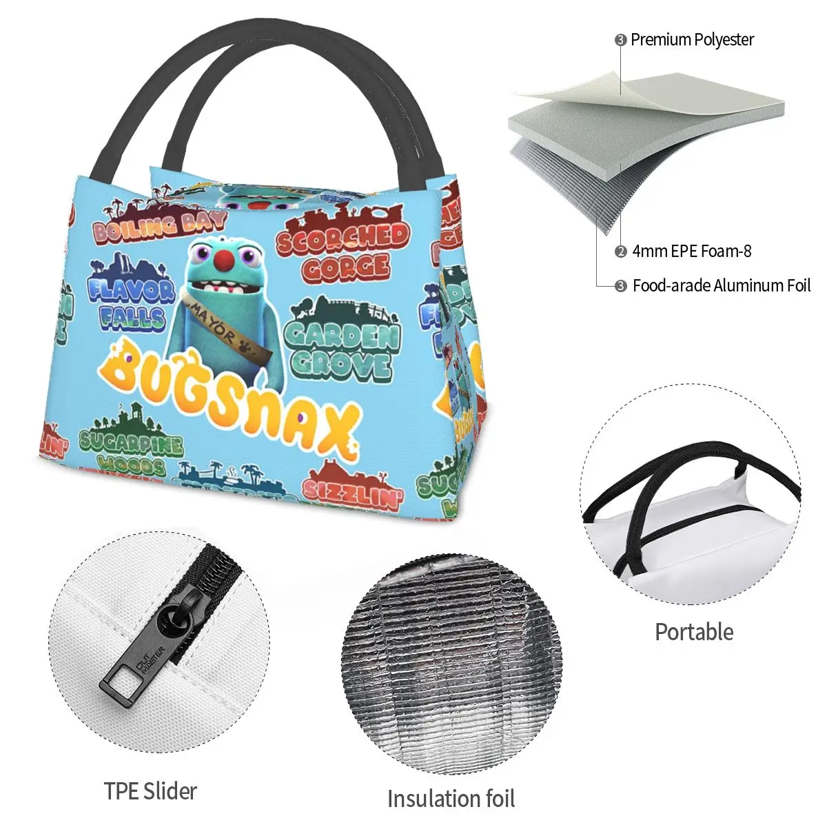 Bugsnax Locations Fan Art Pack Розовые сумки для обеда Kinda Bug Изолированная коробка бенто Сумки