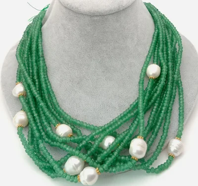 10 Strands Faceted Rondelle Green Jade White Freshwater Pearl Handmade Necklace