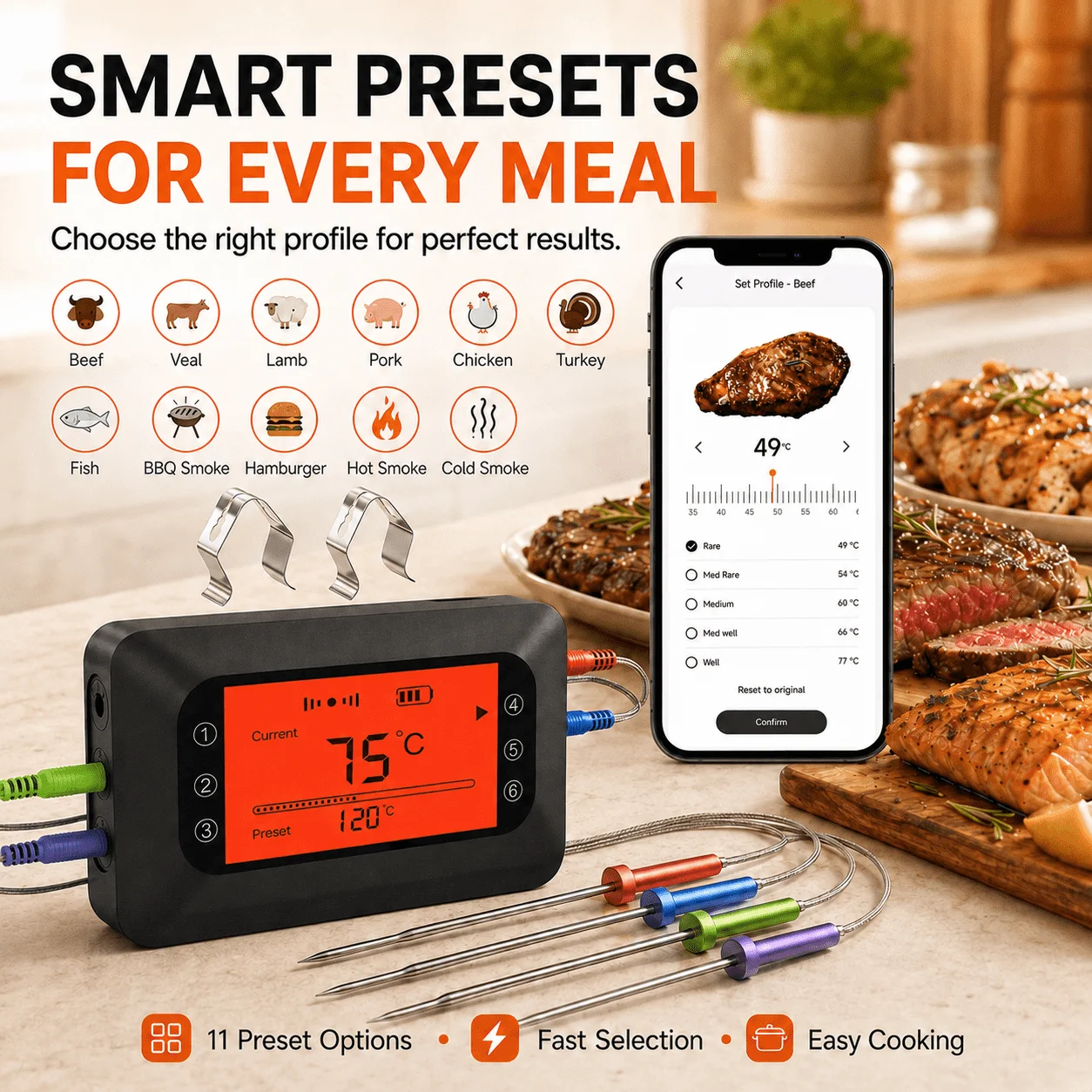 Фото Беспроводной термометр для мяса с Bluetooth, с функцией удаленного управления через приложение и сигнализацией, поддерживает подключение до 6 датчиков для барбекю, духовки, измерения температуры воды. №1