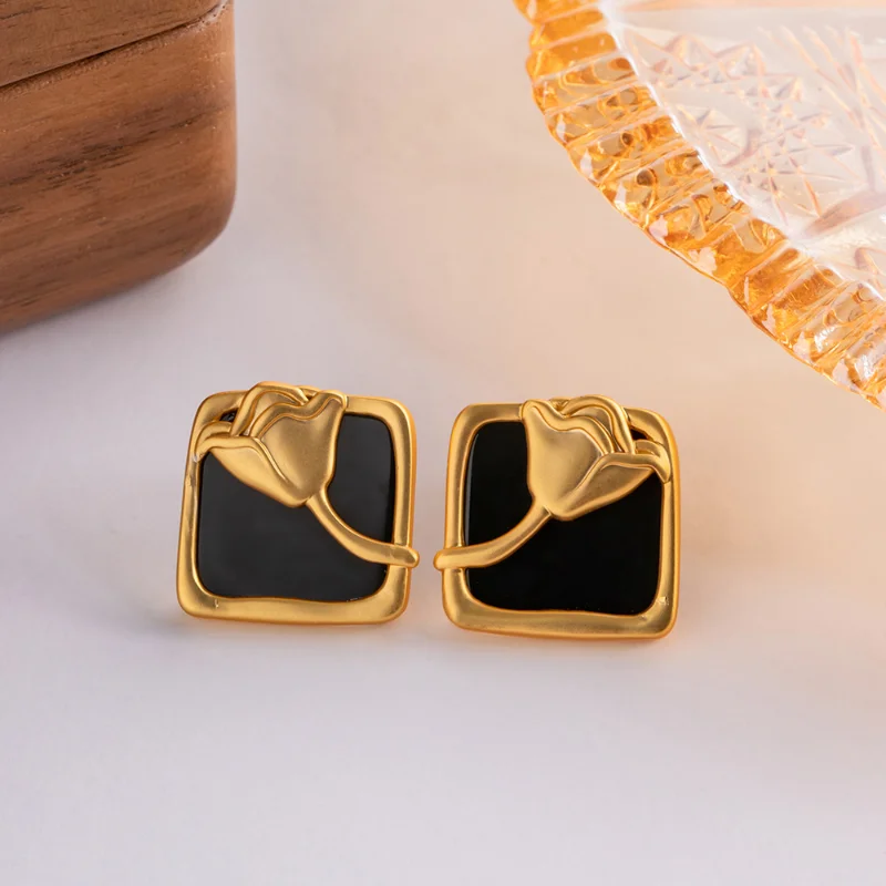 

Minar Retro Rose Flower Square Medallion Stud Earrings for Women 14K Gold Plated Brass Black Color Enamel Earring Party Jewelry