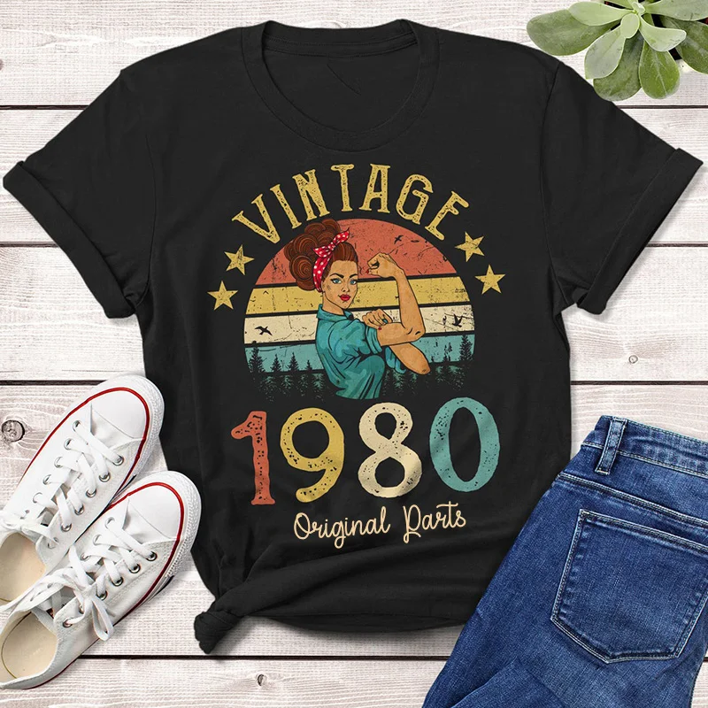 

Vintage 1980 Original Parts T-Shirt 45 Old 47nd Birthday Gift Idea Women Girls Mom Wife Daughter Funny Retro Tshirt Tee Shirt