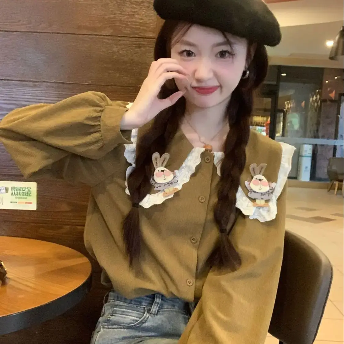 Рубашка с длинными рукавами и кукольным воротником женская рубашка в корейском