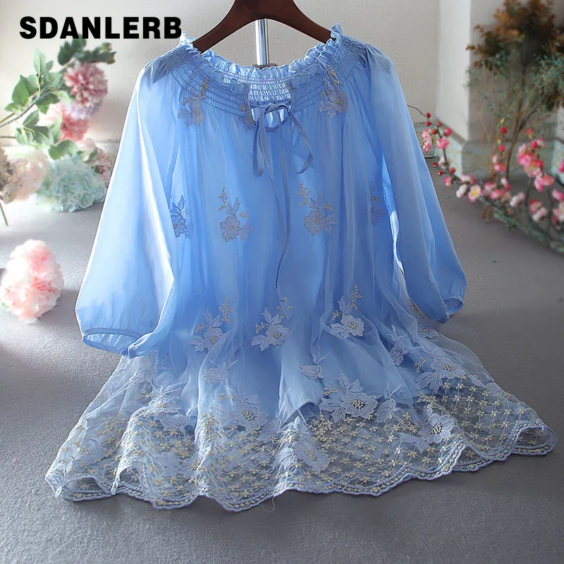 

Summer Retro Off-Shoulder Blouse Embroidered Flower Fresh Niche Design Ruffled Loose Shirt Women's Top Lantern Sleeve Camisas