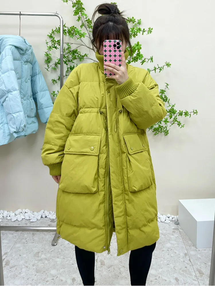 FTLZZ Winter Women White Duck Down Coat Female Zipper Thick Parkas Outwear Casual Loose Stand Collar Drawstring Long Jacket