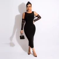 2022 women black mesh long sleeve bandage dress sexy off shoulder backless hollow out club celebrity runway party bodycon dress