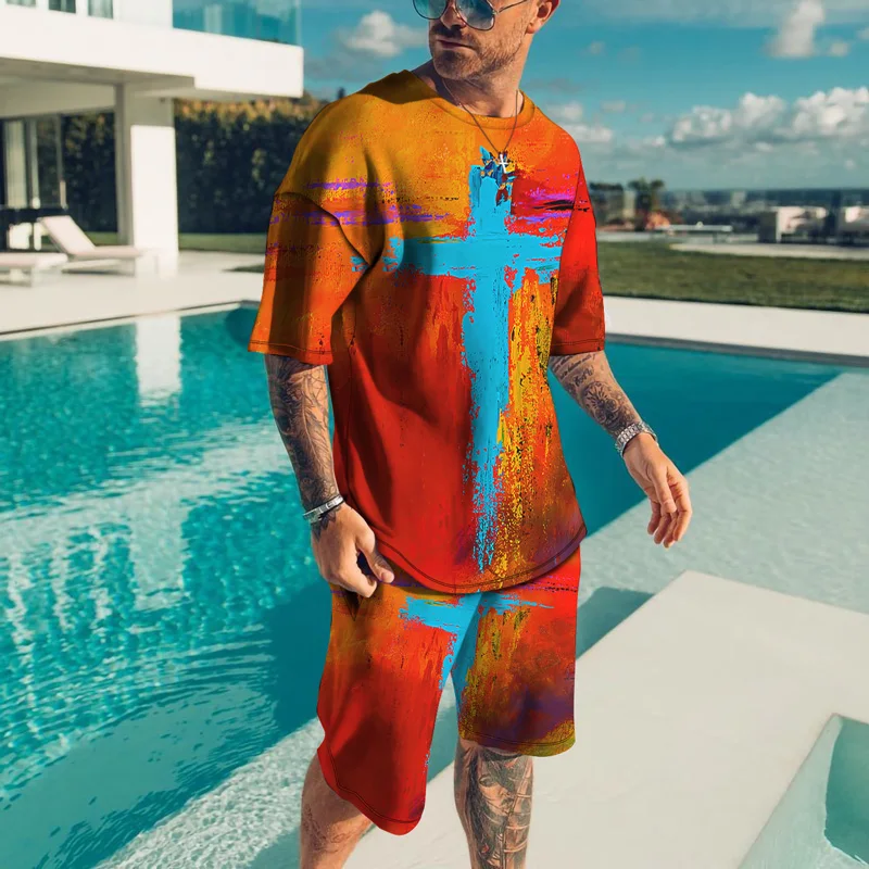 

Summer Luxury Designer Men's Sports Suit Simple 3D Print Fashion Round Neck Oversized Short-Sleeved Shorts Men Tracksuit Sets