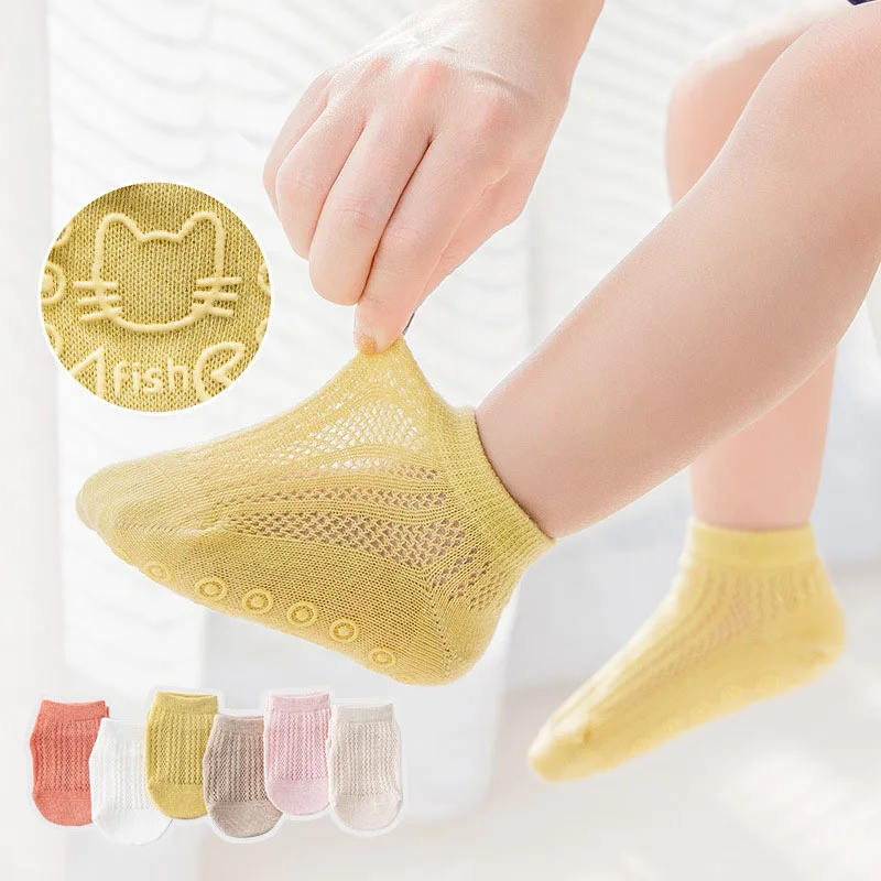 

Solid Color with Rubber Cartoon Cat Short Tube Ankle Socks Summer Thin Breathable Mesh Cotton Floor Socks for Baby Newborns
