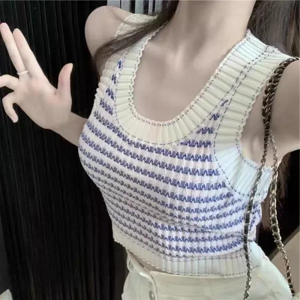 Женский трикотажный жилет в полоску повседневный укороченный топ без рукавов