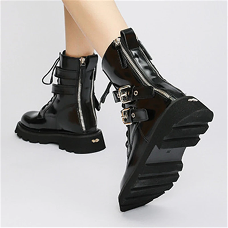 

Double Zipper Cowboy Boots for Women Thick Sole Platform Shoes Autumn Straps Short Booties Punky Combat Botines Mujer Creepers