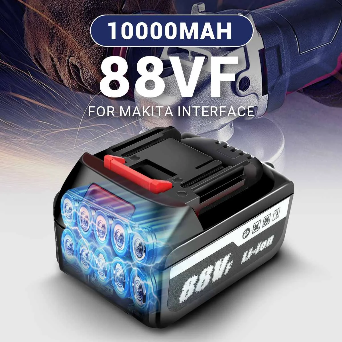 Литиевая батарея 88VF для интерфейса Makita, 10000 мАч, перезаряжаемая батарея для электрического гаечного ключа, дрели, угловой шлифовальный станок, электроинструмент