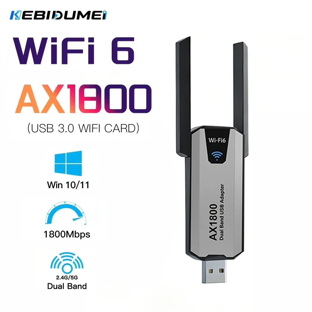 Фото USB-адаптер KEBIDUMEI AX1800 WiFi 6, двухдиапазонный беспроводной Wi-Fi-адаптер 2,4G/5 ГГц, сетевая карта USB 3.0, адаптер WiFi6 для Win10/11 №1