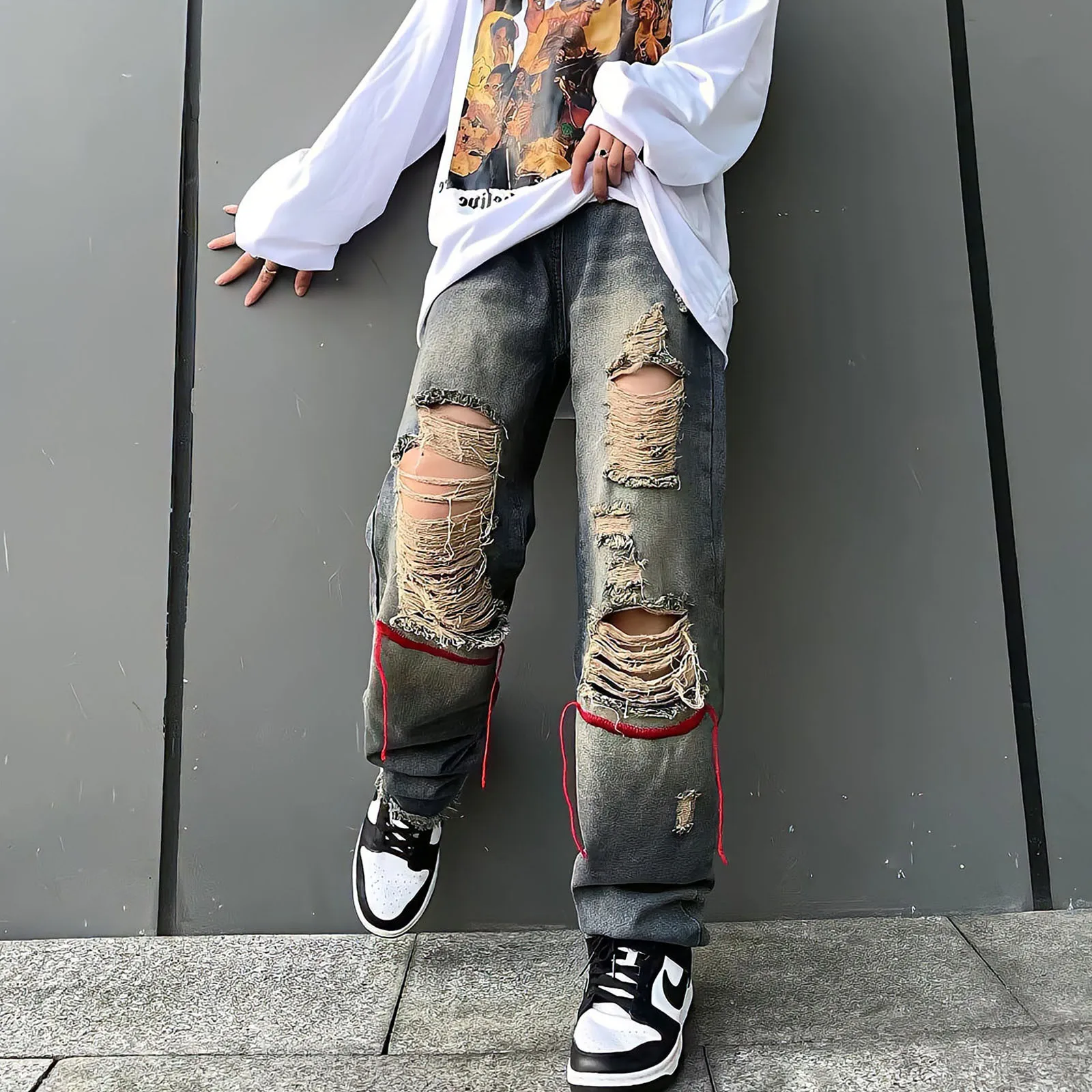 Embroidery Ripped Jeans Men And Women Baggy Straight Wide-Leg Pants Retro Streetwear Casual Fashion Punk Hip Hop Denim Trousers